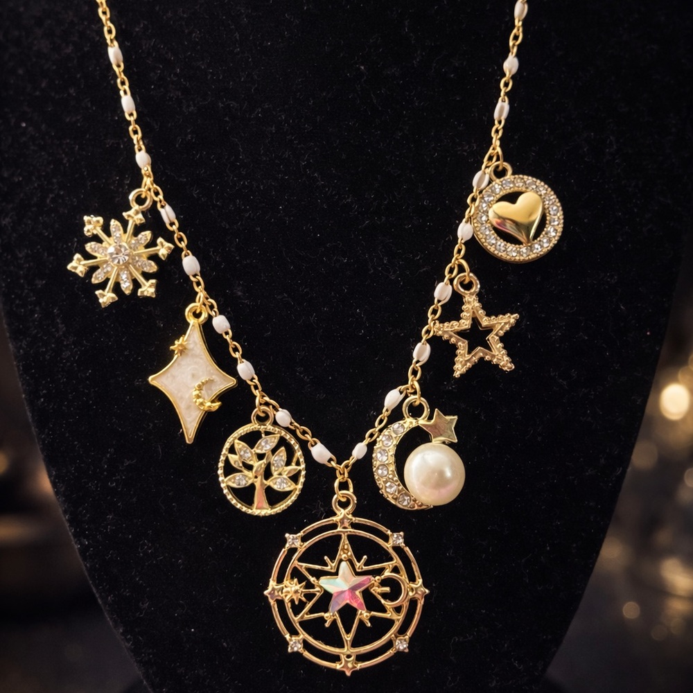 Hand Made, 18k Gold Plated Charm Necklace with Star and Moon Accents